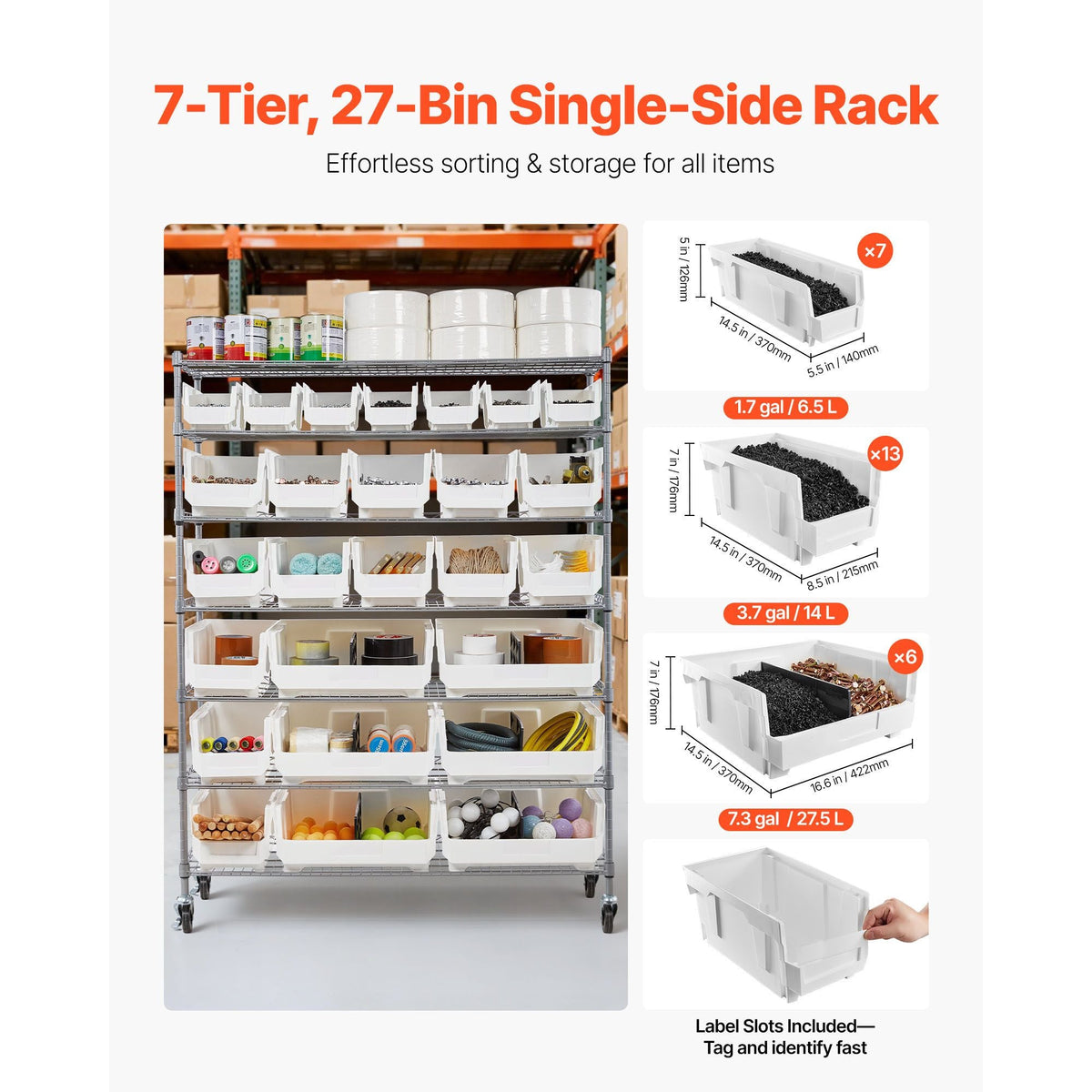 7-Tier Rolling Bin Storage Rack, 26 Organizer Bins, Bin Rack Storage Steel Wire Shelving System with Wheels, Mobile Tool Organizer for Garage, Warehouse, Office, Restaurant, Classroom, Kitchen