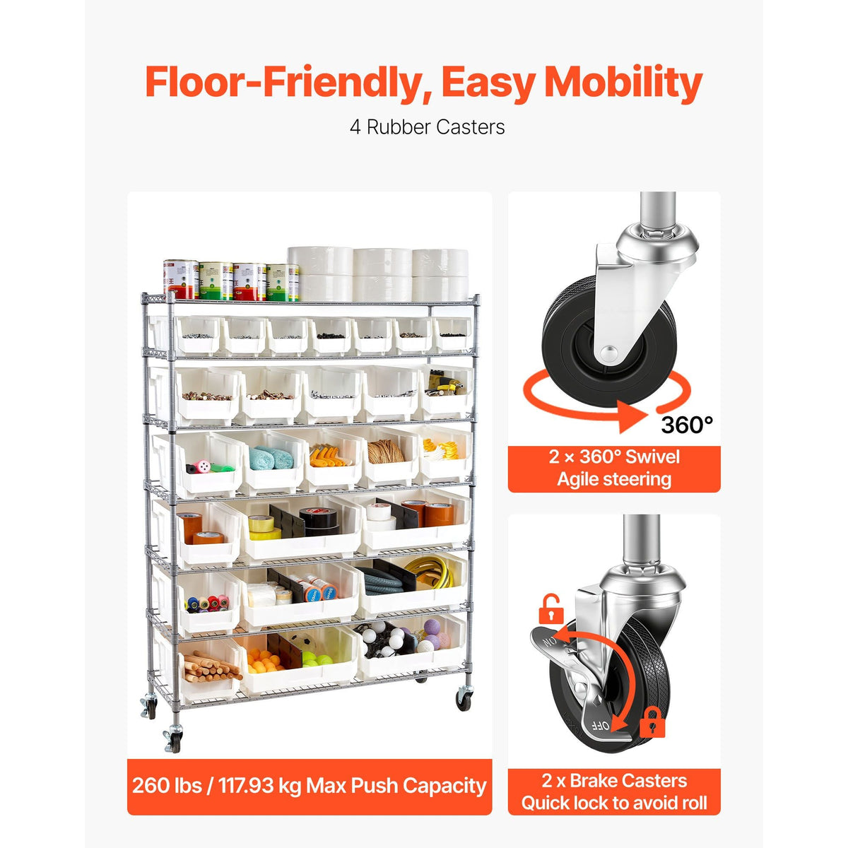 7-Tier Rolling Bin Storage Rack, 26 Organizer Bins, Bin Rack Storage Steel Wire Shelving System with Wheels, Mobile Tool Organizer for Garage, Warehouse, Office, Restaurant, Classroom, Kitchen