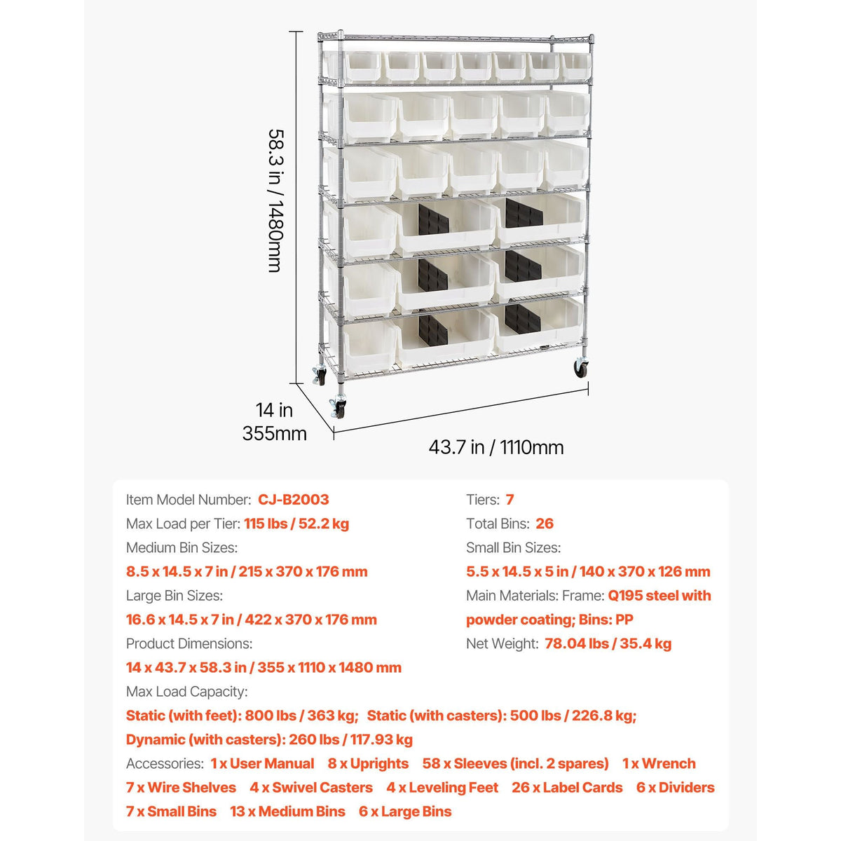 7-Tier Rolling Bin Storage Rack, 26 Organizer Bins, Bin Rack Storage Steel Wire Shelving System with Wheels, Mobile Tool Organizer for Garage, Warehouse, Office, Restaurant, Classroom, Kitchen