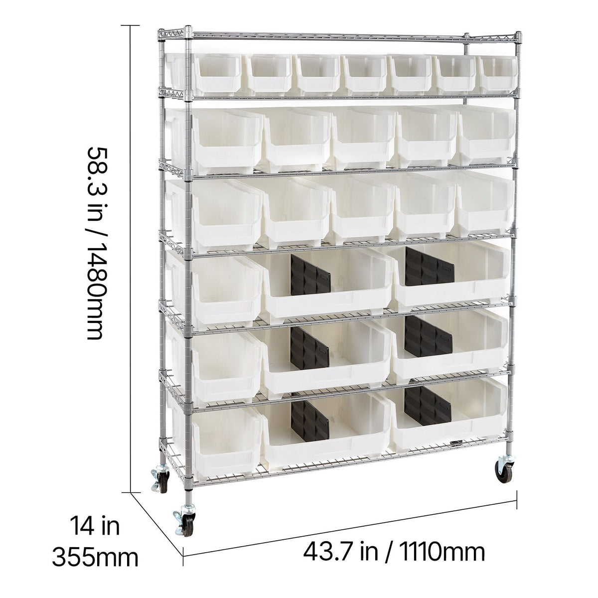 7-Tier Rolling Bin Storage Rack, 26 Organizer Bins, Bin Rack Storage Steel Wire Shelving System with Wheels, Mobile Tool Organizer for Garage, Warehouse, Office, Restaurant, Classroom, Kitchen