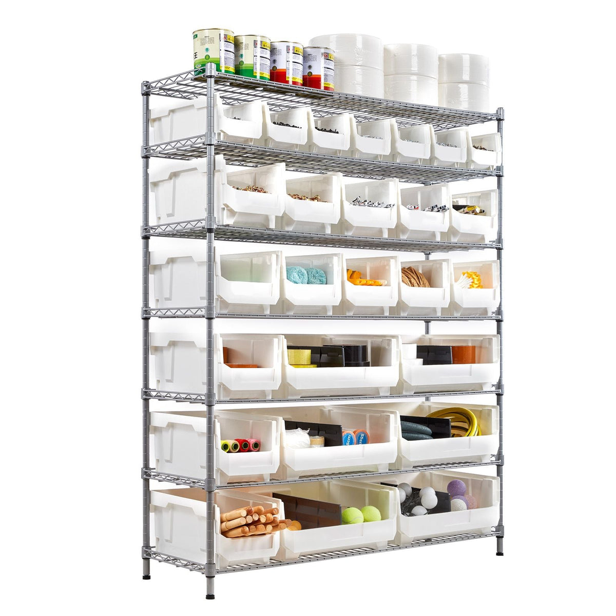 7-Tier Rolling Bin Storage Rack, 26 Organizer Bins, Bin Rack Storage Steel Wire Shelving System with Wheels, Mobile Tool Organizer for Garage, Warehouse, Office, Restaurant, Classroom, Kitchen
