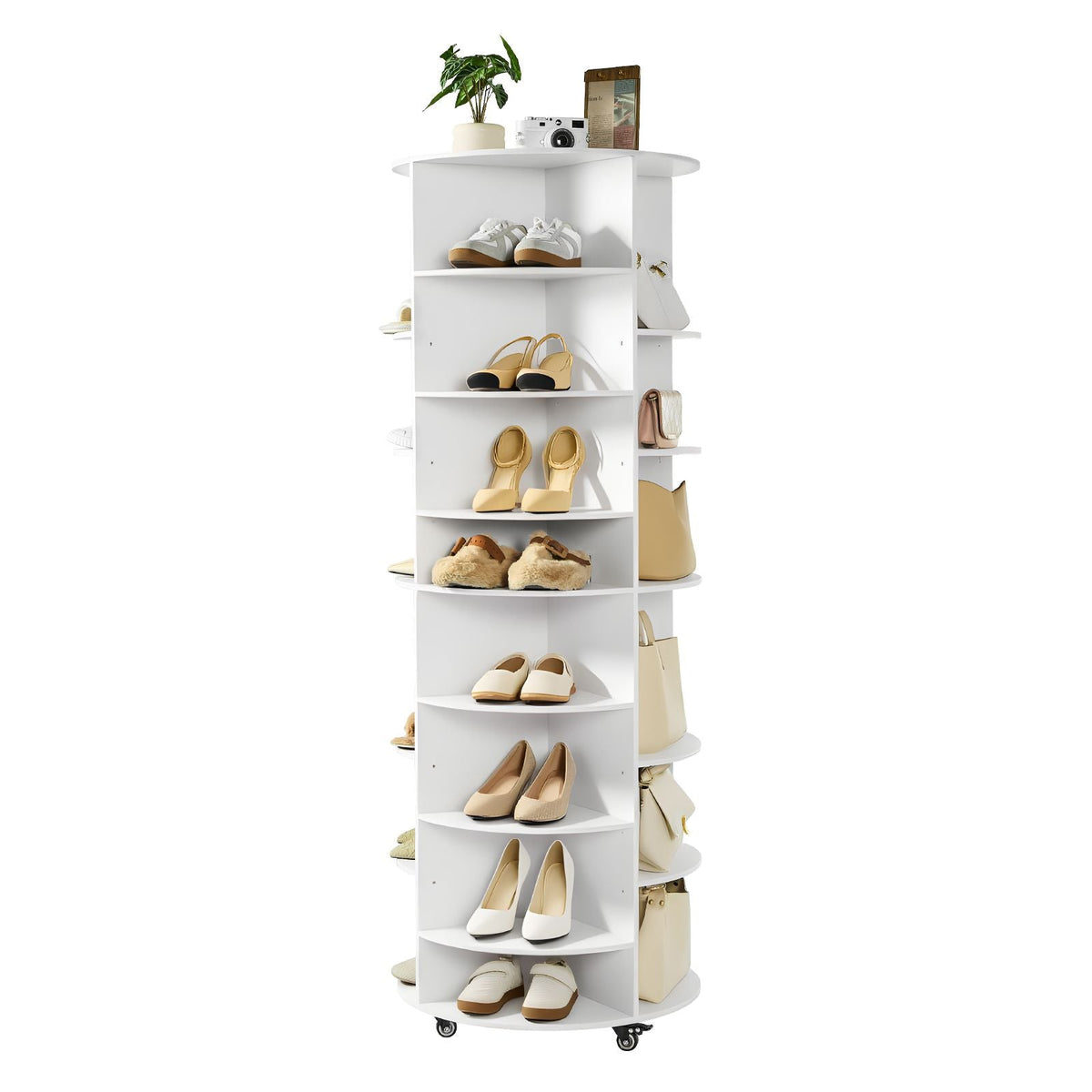 7 Tier Rotating Shoe Rack Tower with Adjustable Shelves, Movable 360° Spinning Carousel Display with Wheels, Lazy Susan Organizer Closet for Bedroom, Living Room, Entryway, Closet, White