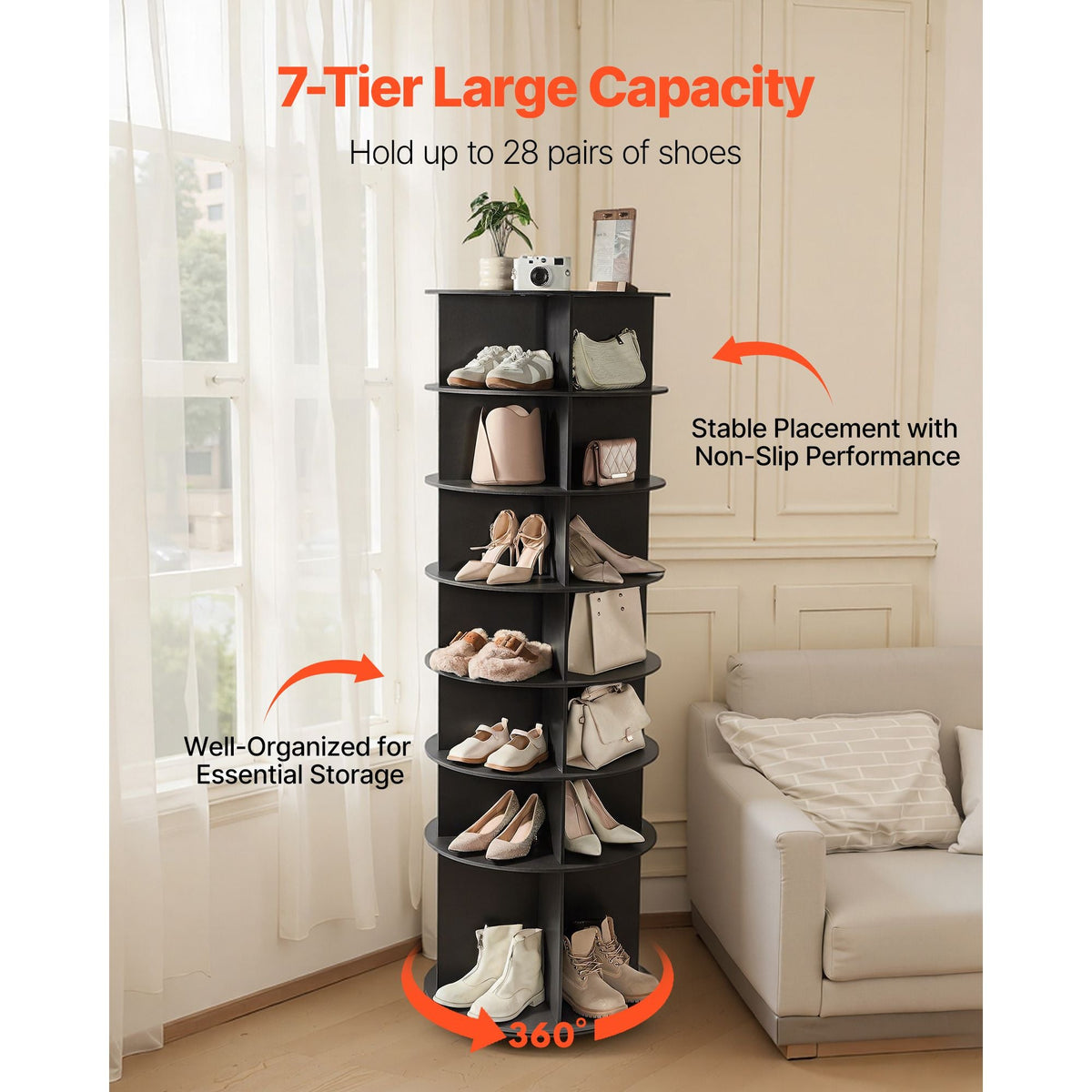 7 Tiers Rotating Shoe Rack Tower, 360° Spinning Shoe Rack, Revolving Storage Round Carousel Display, Freestanding Lazy Susan Organizer Display for Bedroom, Living Room, Entryway, Closet, Black