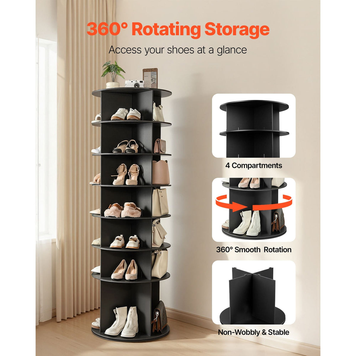 7 Tiers Rotating Shoe Rack Tower, 360° Spinning Shoe Rack, Revolving Storage Round Carousel Display, Freestanding Lazy Susan Organizer Display for Bedroom, Living Room, Entryway, Closet, Black
