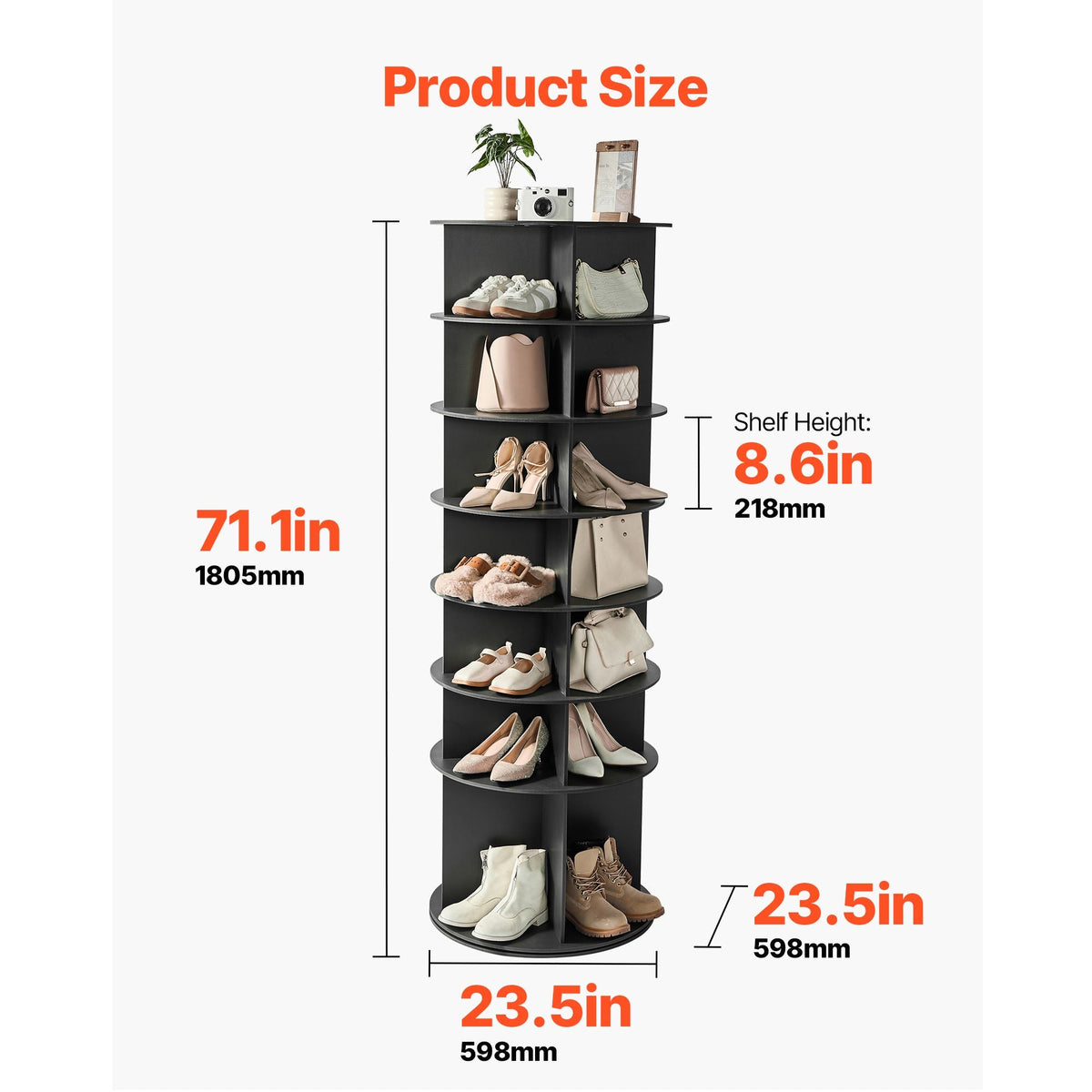 7 Tiers Rotating Shoe Rack Tower, 360° Spinning Shoe Rack, Revolving Storage Round Carousel Display, Freestanding Lazy Susan Organizer Display for Bedroom, Living Room, Entryway, Closet, Black
