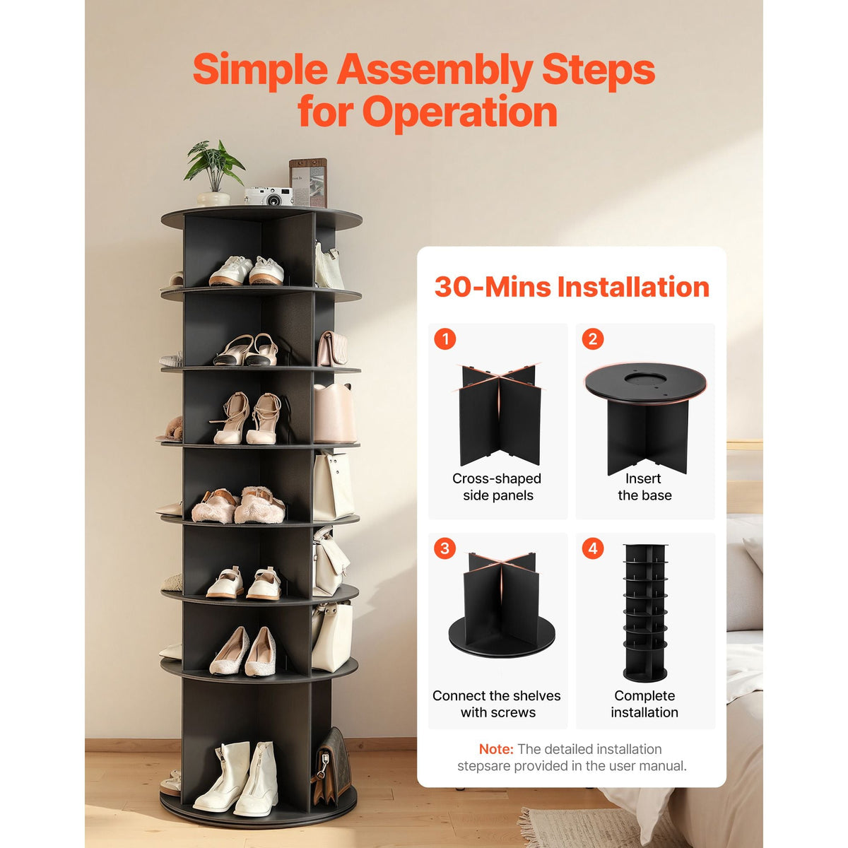 7 Tiers Rotating Shoe Rack Tower, 360° Spinning Shoe Rack, Revolving Storage Round Carousel Display, Freestanding Lazy Susan Organizer Display for Bedroom, Living Room, Entryway, Closet, Black