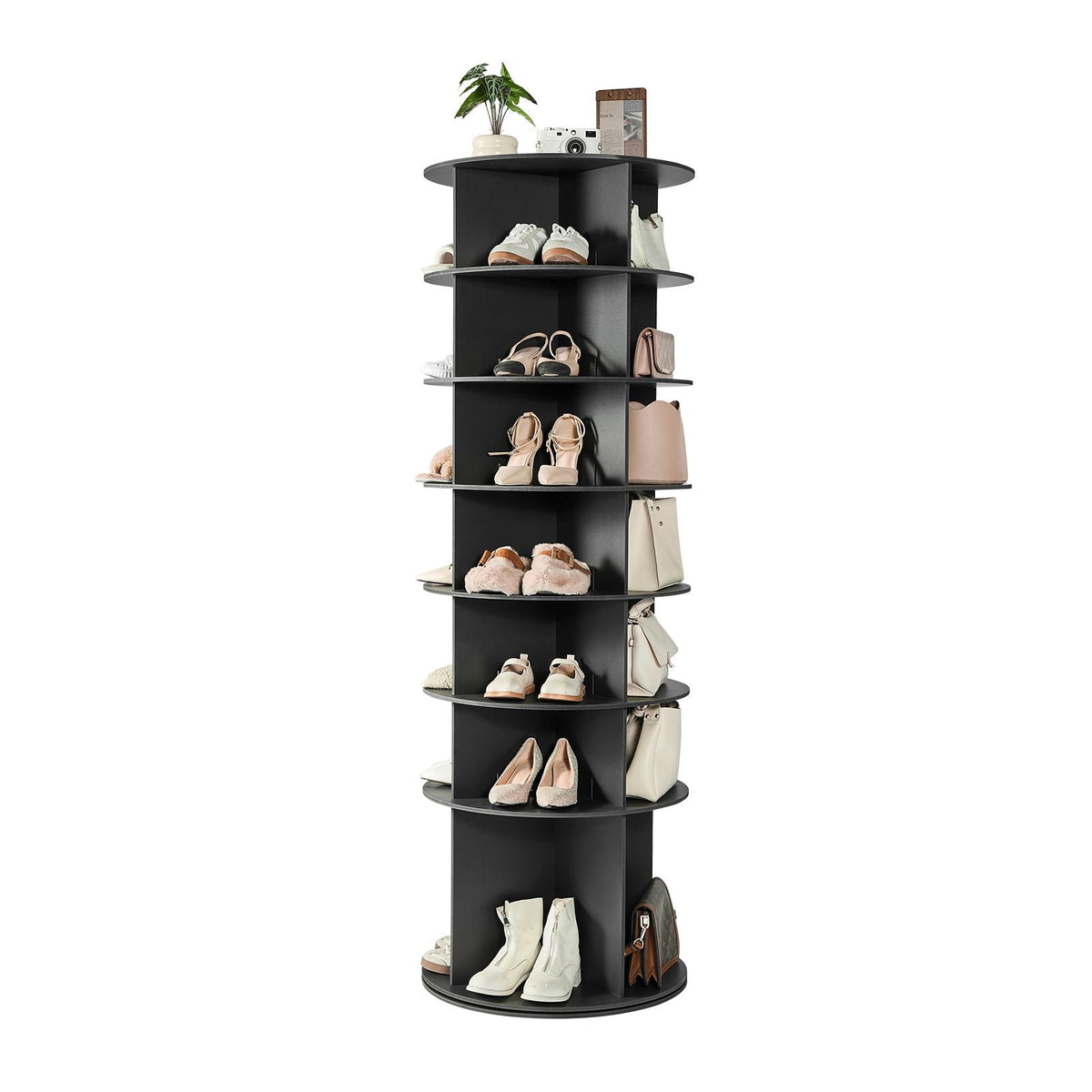 7 Tiers Rotating Shoe Rack Tower, 360° Spinning Shoe Rack, Revolving Storage Round Carousel Display, Freestanding Lazy Susan Organizer Display for Bedroom, Living Room, Entryway, Closet, Black