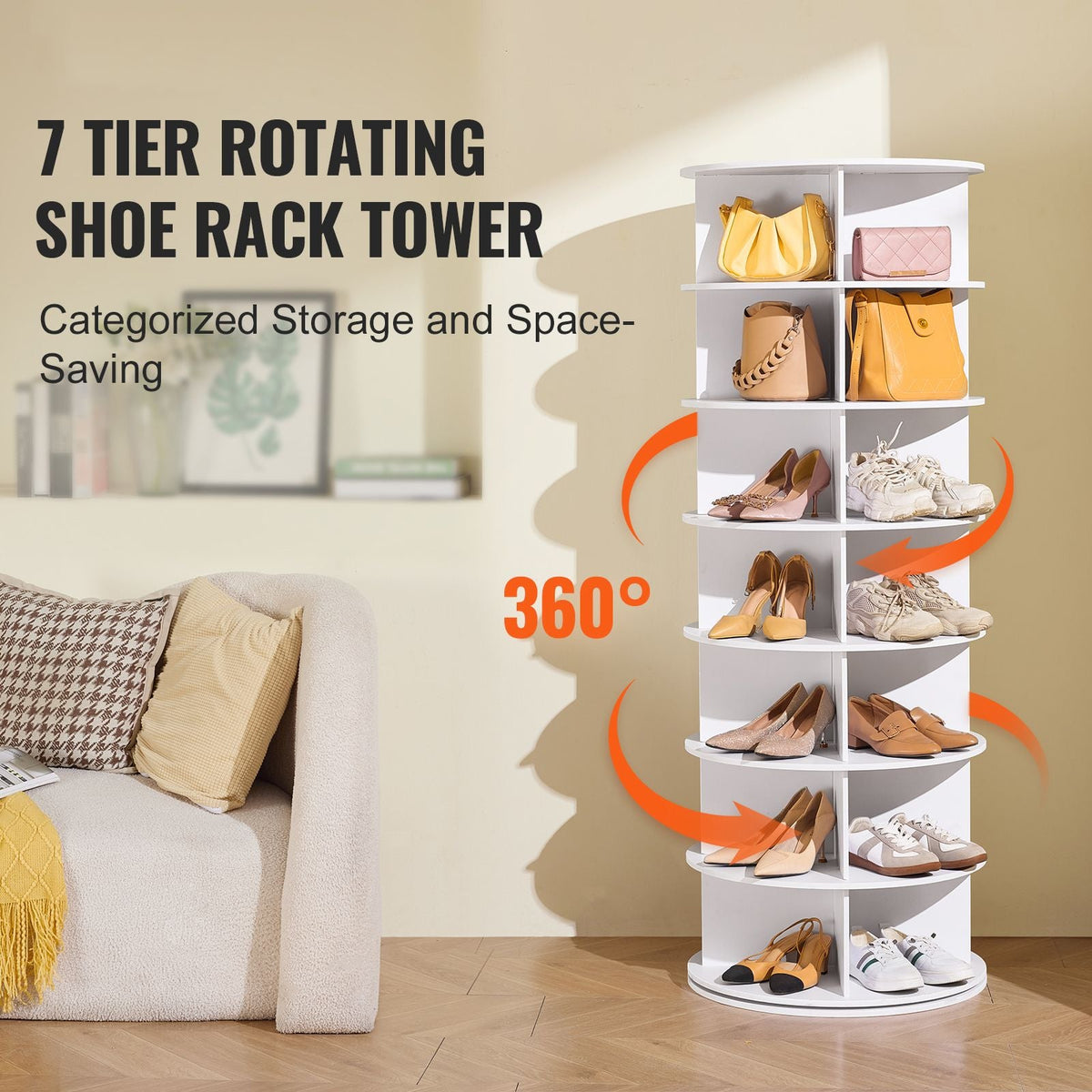 7 Tiers Rotating Shoe Rack Tower, 360°Spinning Shoe Display, Revolving Shoe Rack Storage Round Carousel, Lazy Susan Shoe Rack Organizer, Ideal for Bedroom, Living Room, Entryway, White