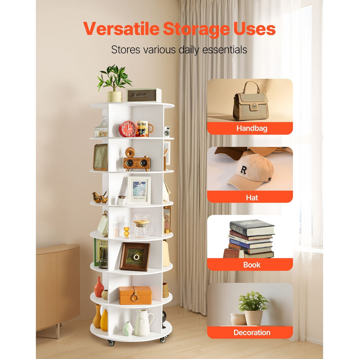 7 Tiers Rotating Shoe Rack Tower with Wheels, Movable 360° Spinning Carousel Display, Lazy Susan Organizer Closet Shelf for Living Room, Entryway, White
