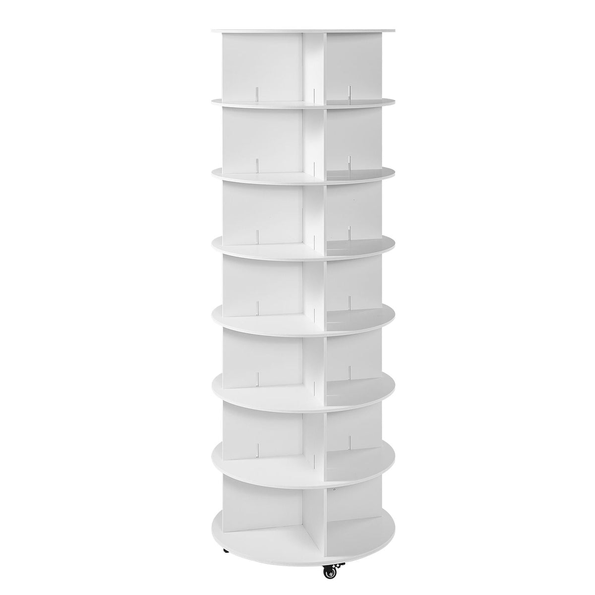 7 Tiers Rotating Shoe Rack Tower with Wheels, Movable 360° Spinning Carousel Display, Lazy Susan Organizer Closet Shelf for Living Room, Entryway, White