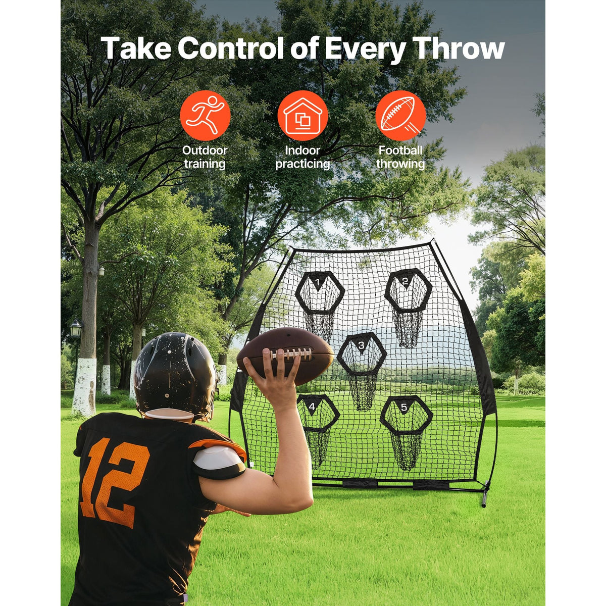 7 x 7 ft Football Trainer Throwing Net, Training Throwing Target Practice Net with 5 Target Pockets, Knotless Net Includes Straps and Portable Carry Case, Improve QB Throwing Accuracy, Black