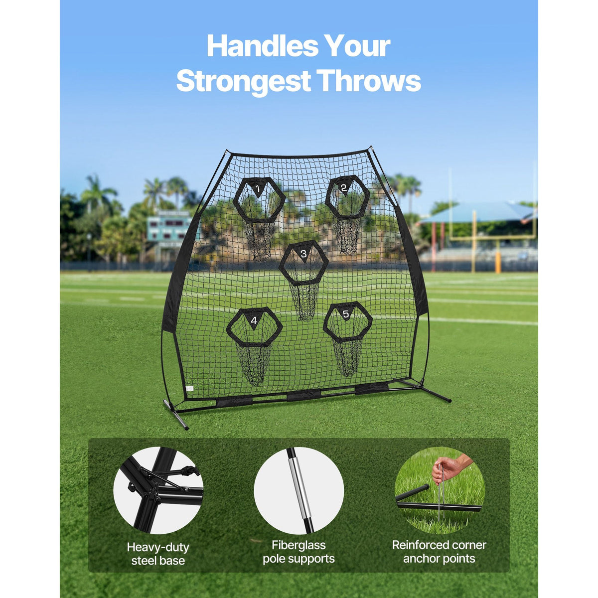 7 x 7 ft Football Trainer Throwing Net, Training Throwing Target Practice Net with 5 Target Pockets, Knotless Net Includes Straps and Portable Carry Case, Improve QB Throwing Accuracy, Black