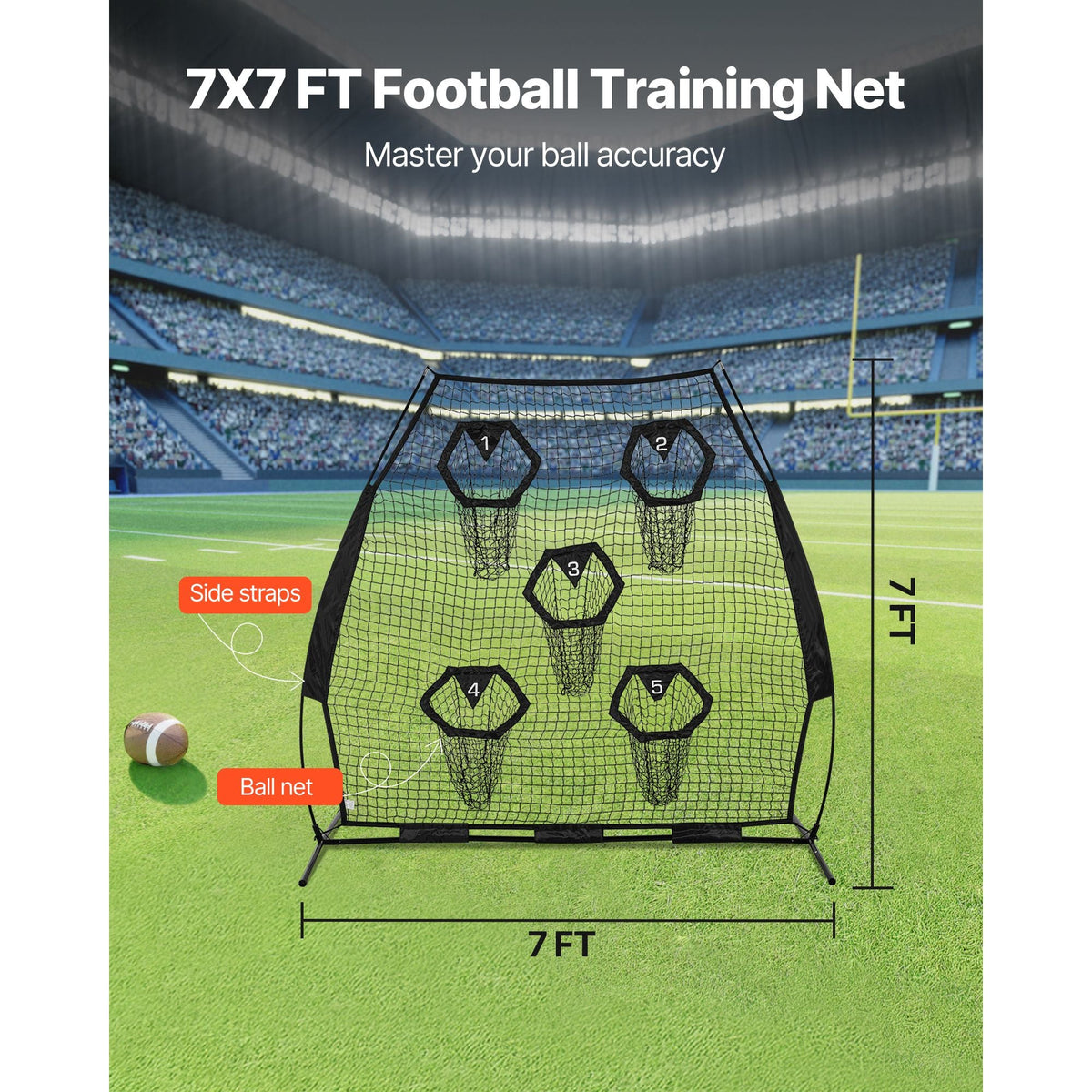 7 x 7 ft Football Trainer Throwing Net, Training Throwing Target Practice Net with 5 Target Pockets, Knotless Net Includes Straps and Portable Carry Case, Improve QB Throwing Accuracy, Black