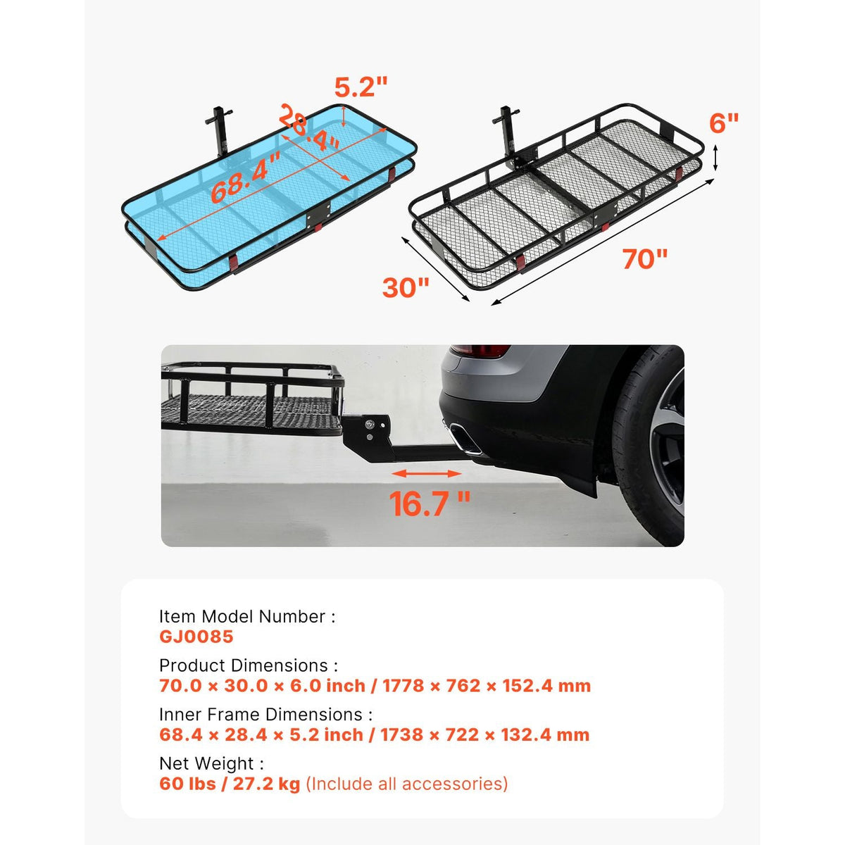 70" x 30" x 6", Hitch Cargo Carrier, 500 lbs Capacity Hitch Cargo Carrier with Nighttime Reflective Reminder, Folding Hitch Mount Cargo Carrier with Hitch Lock for 2" Receiver, Fit for SUVs