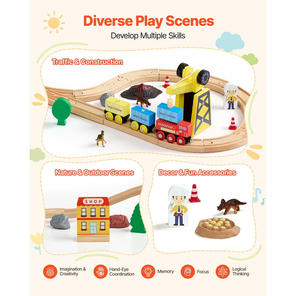 70PCS Wooden Train Set, with Magnetic Crane, Wood Train Track Toy for Kids Ages 3-8, Construction Crane Railway Set, Compatible with Major Brands, Christmas Birthday Toy for Toddlers Boys Girls