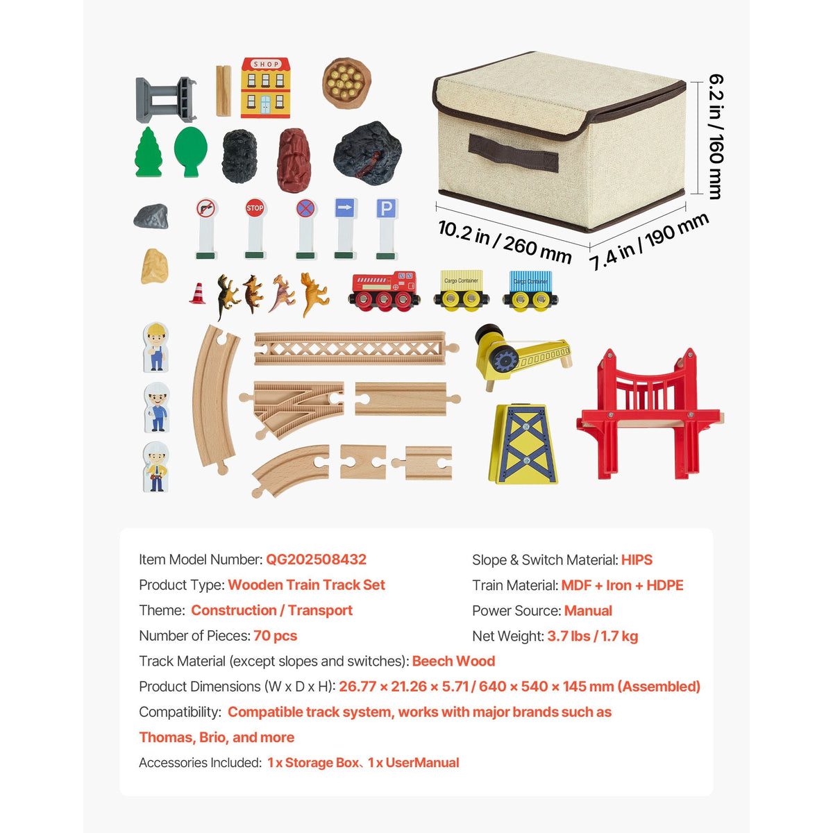 70PCS Wooden Train Set, with Magnetic Crane, Wood Train Track Toy for Kids Ages 3-8, Construction Crane Railway Set, Compatible with Major Brands, Christmas Birthday Toy for Toddlers Boys Girls