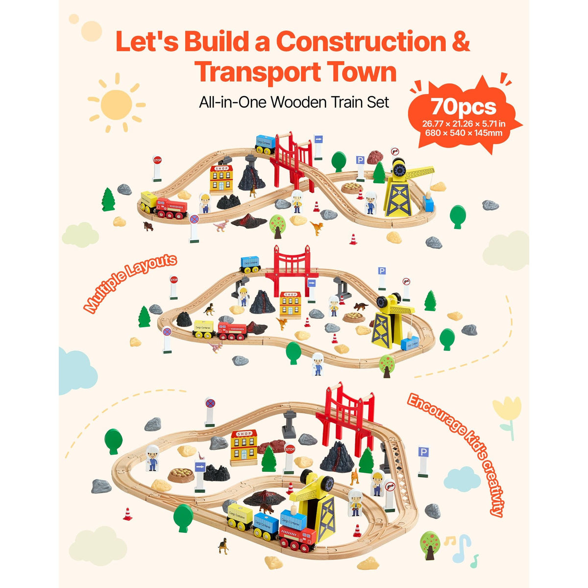 70PCS Wooden Train Set, with Magnetic Crane, Wood Train Track Toy for Kids Ages 3-8, Construction Crane Railway Set, Compatible with Major Brands, Christmas Birthday Toy for Toddlers Boys Girls