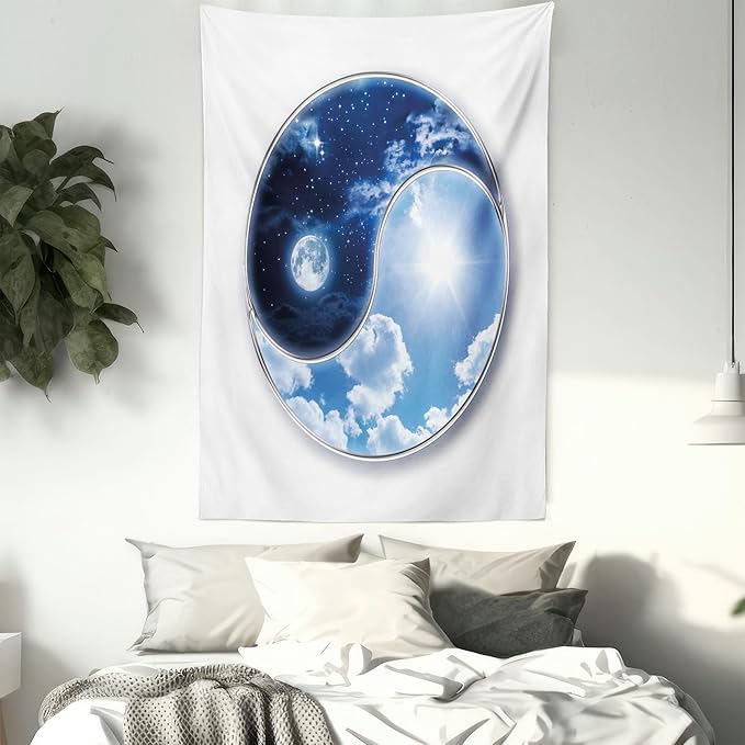 Ambesonne Space Tapestry, Yin Yang World Moon and Sun Harmony of the Universe Art Print, Wall Hanging for Bedroom Living Room Dorm Decor, 60" X 80", Navy Blue Sky Blue White