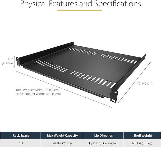 StarTech.com 1U Server Rack Shelf - Universal Vented Rack Mount Cantilever Tray for 19" Network Equipment Rack & Cabinet - Heavy Duty Steel - Weight Capacity 44lb/20kg - 16" Deep Shelf (CABSHELF116V)