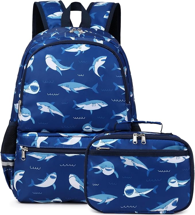 DSIUE School Backpack for Boys, Shark backpack with Lunch Box, Bookbag for Boys Kids Backpacks for Elementary School Student