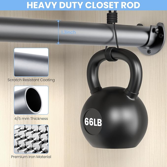 Closet Rods for Hanging Clothes, 17 to 28 Inches No-Cut Stepless Adjustable Closet Rod, 1.3 Inches Expandable Metal Heavy Duty Closet Hanging Rod for Closet Wardrobe Bathroom Laundry RV, Silver