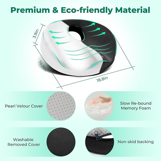 SAHEYER Donut Pillow for Tailbone Pain, Memory Foam Hemorrhoids Pillow for Sciatica Nerve, Sciatica Hip Coccyx Seat Cushion for Long Sitting Office Workers, Car Drivers, Black