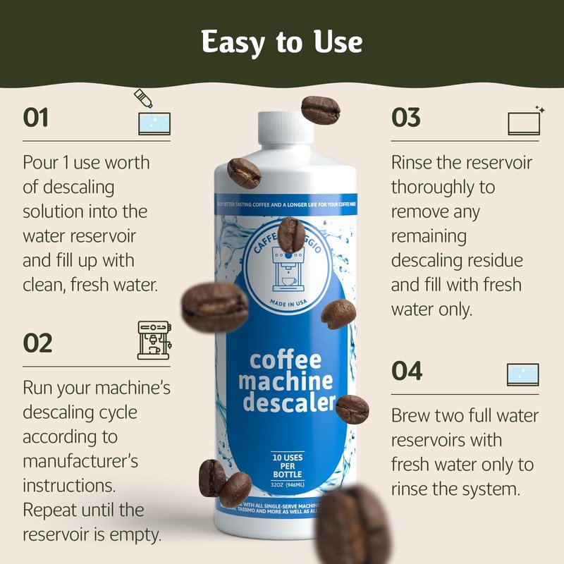 Caffe Assaggio Descaling Solution (10 Uses) Delonghi Keurig Nespresso Coffee Machine Cleaner Descaler Kit Coffee Machine Descaler Compatible with All Brands Breville Ninja