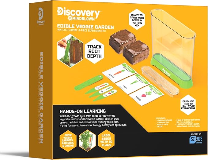 Discovery™ Edible Veggie Garden Watch-It-Grow Kit – DIY STEM Activity for Kids | Grow Carrots, Radishes & Onions| 11-Piece Science Kit with Seeds, Potting Mix & Root Tracker| Learning Toy Gift Ages 6+
