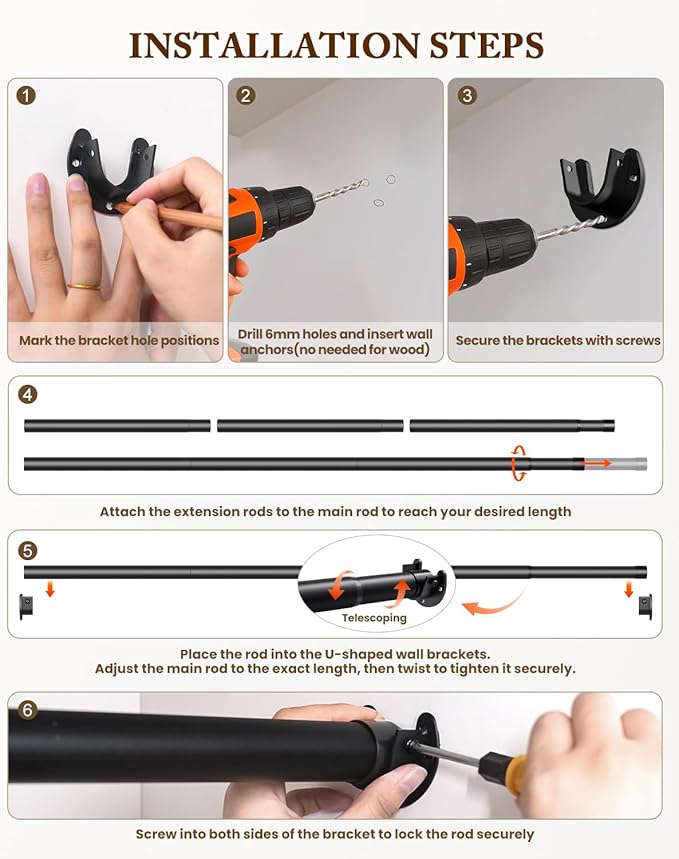 Closet Rod 17-99 IN, Heavy Duty Closet Rods for Hanging Clothes, Adjustable Closet Rods for Wardrobes Storage Laundry RV Bathroom, Easy Install, Black