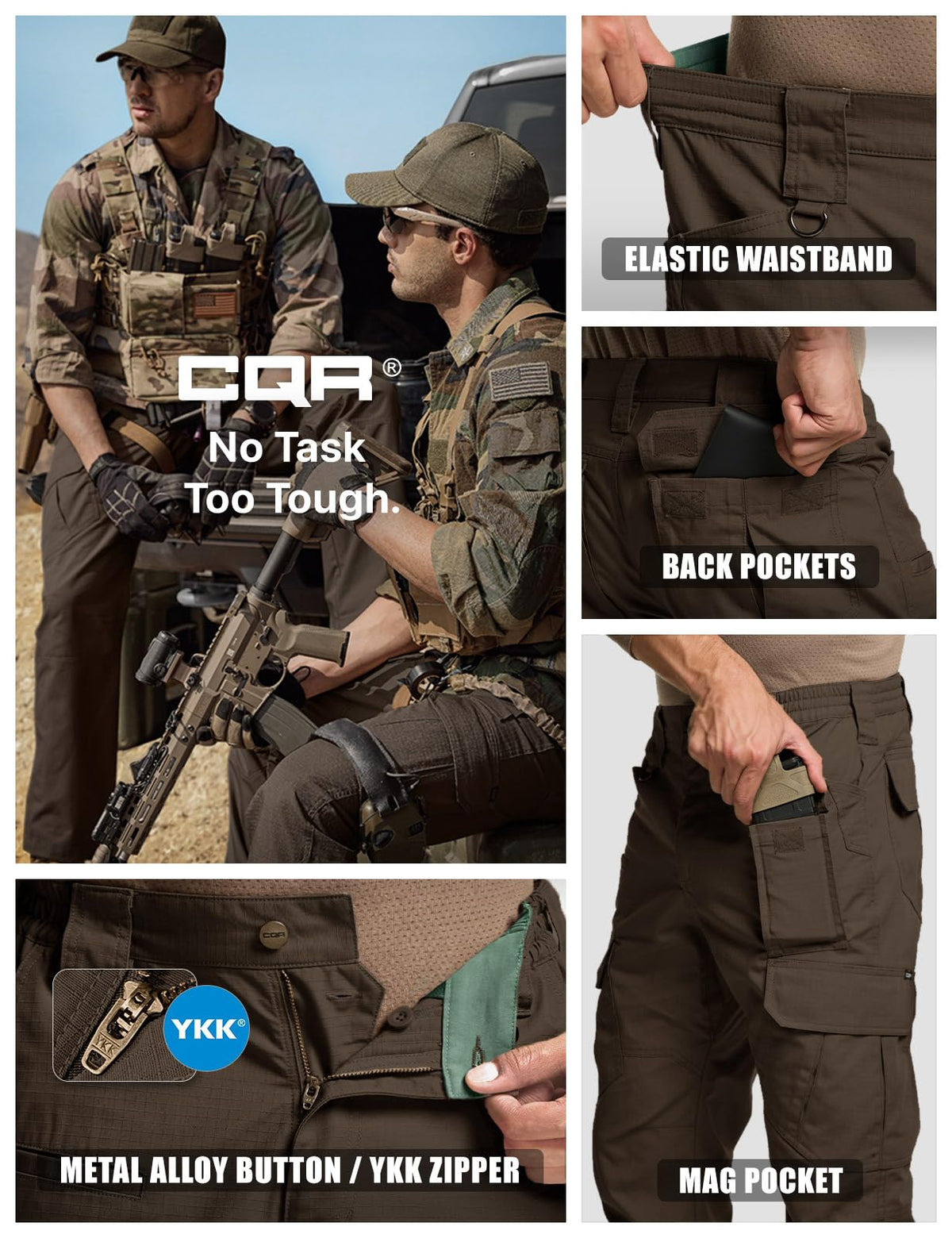 CQR Men's Tactical Pants, Water Resistant Ripstop Cargo Pants, Lightweight EDC Work Hiking Pants, Outdoor Apparel, Duratex Mag Pocket Dark Brown, 30W x 30L