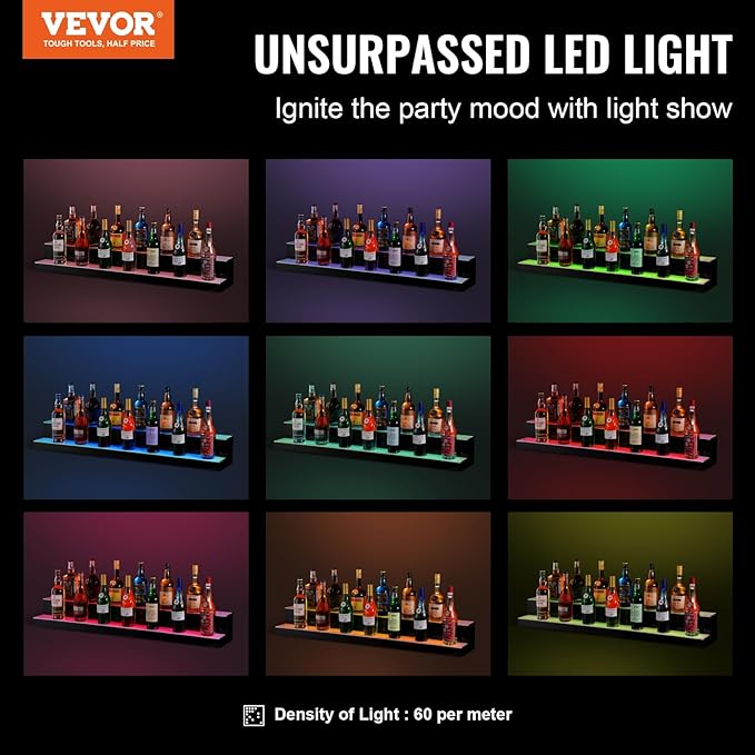 VEVOR LED Lighted Liquor Bottle Display, 2 Tiers 48 Inch Commercial Illuminated Home Bar Shelf, 2 Steps Whiskey Rack Stand, Acrylic Drink Shelves with RF Remote & App Control, and Multicolor Light