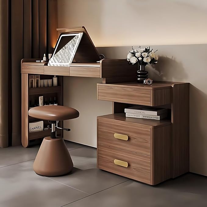 Mid Century Makeup Vanity - Solid Wood Vanity Set with Adjustable Makeup Stool and 5 Drawers, Storage Table Leg, Dressing Table Include Flip Makeup Mirror for Bedroom (Walnut Color,27.56'')