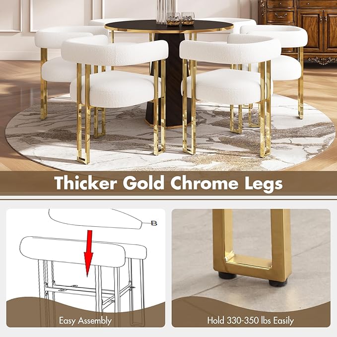Set of 2 Modern White Boucle Dining Chairs with Gold Metal Legs, Mid Century Accent Upholstered Barrel Armchairs with Open-Back for Kitchen, Dining Room, Living Room, Apartment