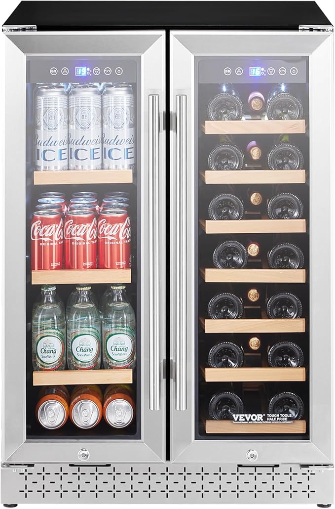 VEVOR Wine and Beverage Refrigerator, 24 in Dual Zone Wine Cooler, Built-in & Freestanding Fridge with Glass Doors, Adjustable Shelves, Digital Temperature Control, 64 Cans and 20 Bottles Capacity