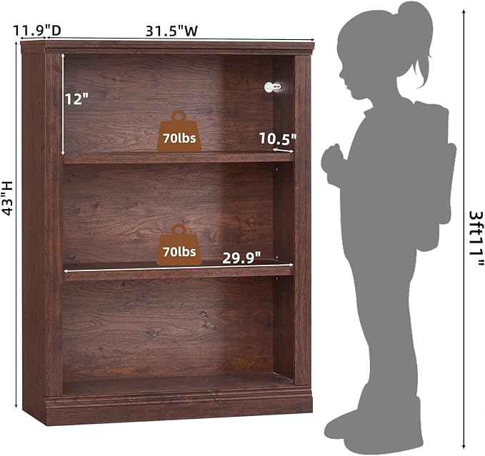 43" Walnut Tall Bookshelf Set of 2,3-Tier Thick Wooden Book Shelf with Adjustable Shelves,Free Standing Farmhouse Bookcase with Open Display Storage,Floor Vintage Bookshelves for Living Room