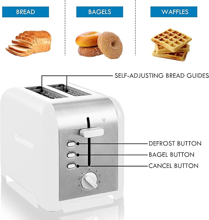 Kenmore 2-Slice Toaster, White Stainless Steel, Extra Wide Slots, Bagel and Defrost Functions, 9 Browning Levels, Removable Crumb Tray, for Bread, Toast, English Muffin, Toaster Strudel