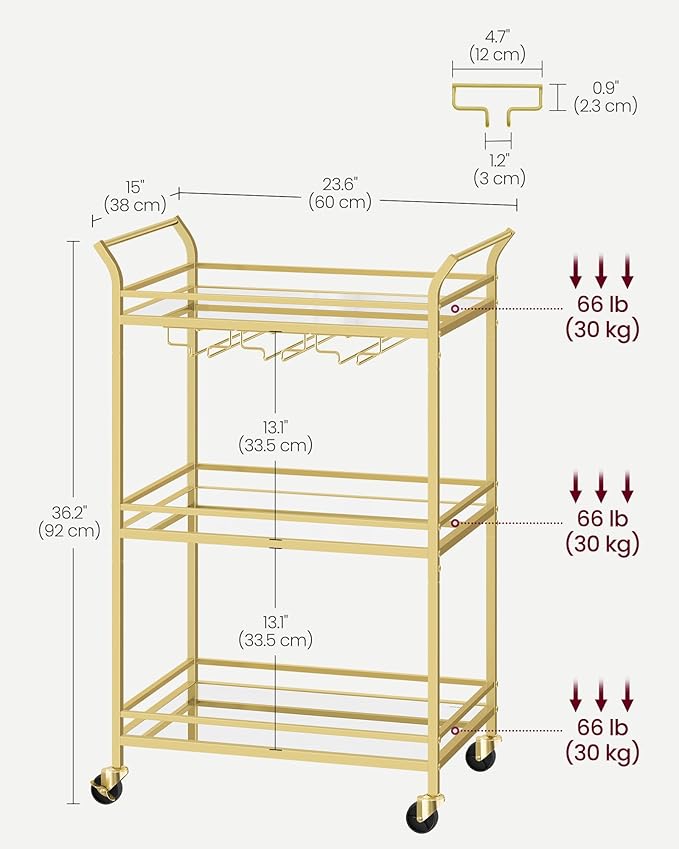 VASAGLE Bar Cart Gold, Small Home Bar Serving Cart with 3-Tier Mirrored Shelf, Wine Holders, Glass Holders, for Small Spaces, Kitchen, 15 x 23.6 x 36.2 Inches, Gold ULRC100A01