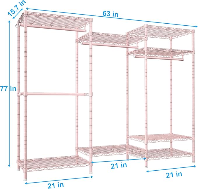 Ulif E13 Heavy Duty Clothes Rack（With 4 Hanger Rods & 8 Shelves） Freestanding Clothing Racks for Hanging Clothes，Adjustable Closet Organizer，Metal Garment Rack 63" W x16 D x77 H，Max Load 900LBS，Pink