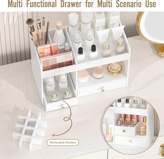 Makeup Organizer with Drawers, Bamboo Countertop Cosmetic Storage for Dresser Vanity Organizer Beauty Desk Skincare Holders Container Make Up Organizing for Lipstick