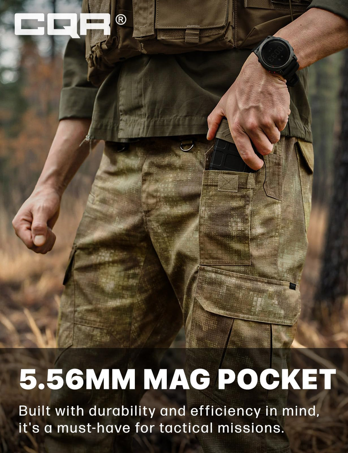 CQR Men's Tactical Pants, Water Resistant Ripstop Cargo Pants, Lightweight EDC Work Hiking Pants, Outdoor Apparel, Duratex Mag Pocket Print Fractal Camo, 34W x 30L