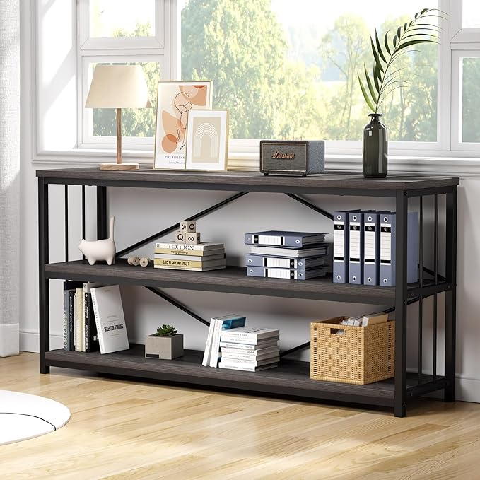 IBF Wood and Metal Book Shelf, Industrial Rustic Low 3 Tier Bookshelf, Farmhouse Long Wide Vintage Horizontal Bookcase, Modern Large Open Etagere for Home Office Living Room Bedroom, Gray Oak, 63 Inch