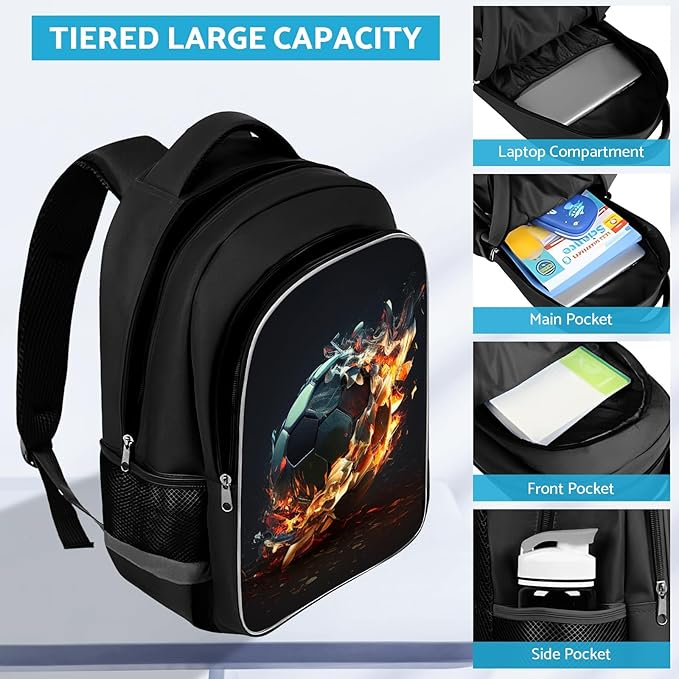 School Backpack for Boys - Soccer Boys Backpack for Kids Children Teens Elementary Middle School - Students Bag for Ages 6-18,17″Bookbag Multifunctional Large Capacity