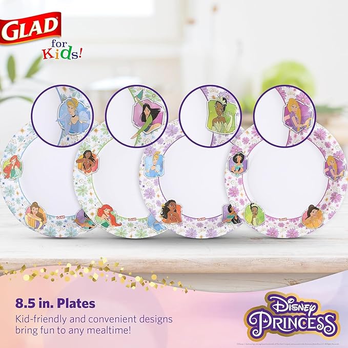 Glad Disney Princess Kids Paper Plates, Heavy Duty Soak Proof and Microwavable, Cut Resistant Disposable Snack Plates for Everyday Meals, School Lunches and Birthday Parties, 8.5 Inch, 40 Count - 2 Pk