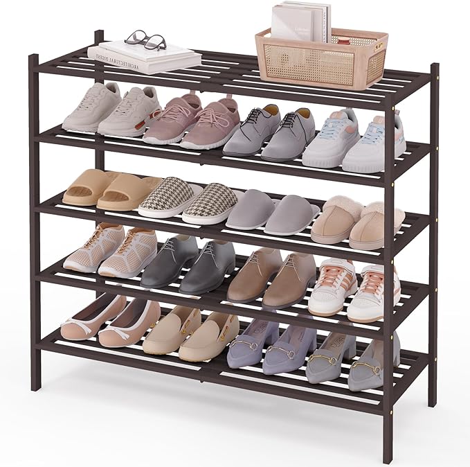 Smiry Long Bamboo Shoe Rack 5-Tier, Stackable Wooden Shoe Organizer for Entryway & Closet, Free Standing Wood Shoe Storage Shelf for Front Door & Small Spaces, Brown