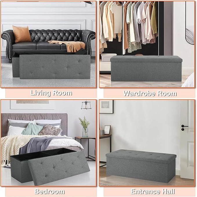 43 Inches Folding Storage Ottoman Bench, Ottoman Foot Rest, Storage Chest, End of Bed Foot Rest Stool with Padded Seat for Living Room, Bedroom, Entryway, Support 660lbs, Linen, Grey