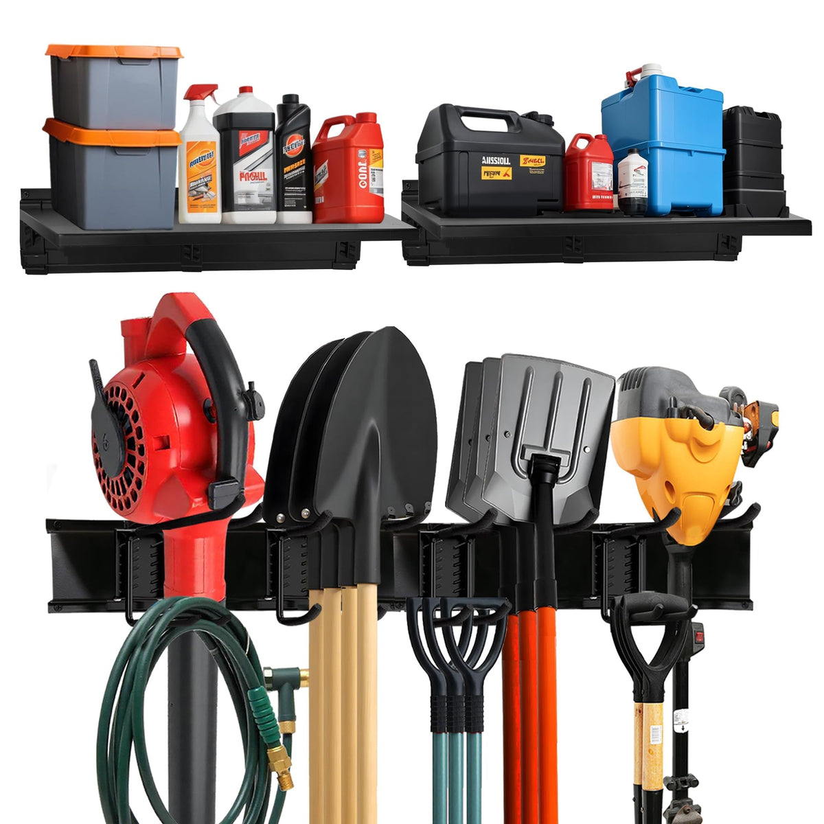 TIDYME Garage Tool Organizer Wall Mount | 48-Inch Garage Wall Organizer & Folding Chair Rack | Heavy-Duty Tool Hanger System | 9-Piece Kit with 3 Steel Rails & 6 Adjustable Hooks | 300 lbs Capacity