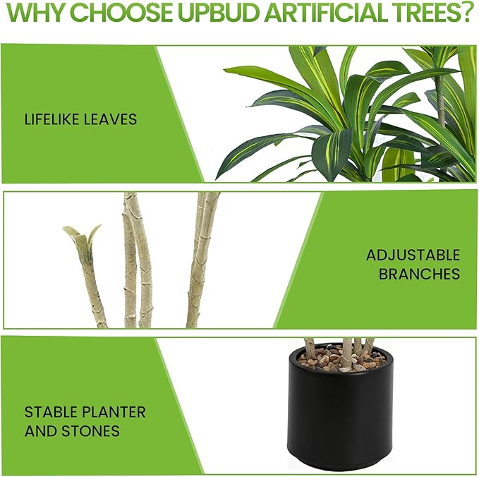 Artificial Dracaena Tree 5FT Tall, Realistic Faux Indoor Floor Plant for Home & Office Decor, Black Round Planter with Decorative Stones – UPBUD