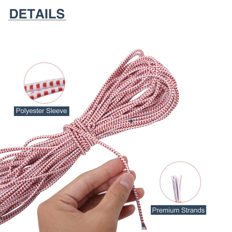 BRILLIANCE4U Tent Pole Shock Cord 3/32 in 60ft, Replacement Elastic Bungee Cord Red White for Tent Poles, Metal Wire and Washers Included