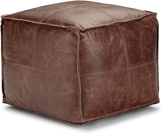 SIMPLIHOME Sheffield Square Pouf - 18 inch Wide Genuine Leather Ottoman in Brown, Boho-Style Footrest, Extra Seating, or Accent Piece for Living Room or Bedroom, Assembled