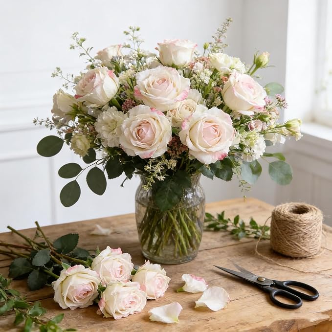 Kimura's Cabin 12pcs Lifelike Faux Silk Roses Flowers with Stem Artificial Rose Bouquet Fake Vintage Roses Dried Flower for Valentines Day Home Centerpiece Wedding Party DIY Decoration(Pink White)